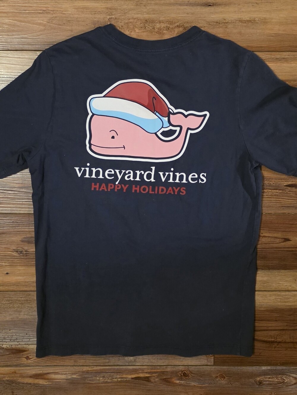Vineyard Vines Boys Large Holiday Santa Whale T-Shirt EUC Navy Blue Short Sleeve